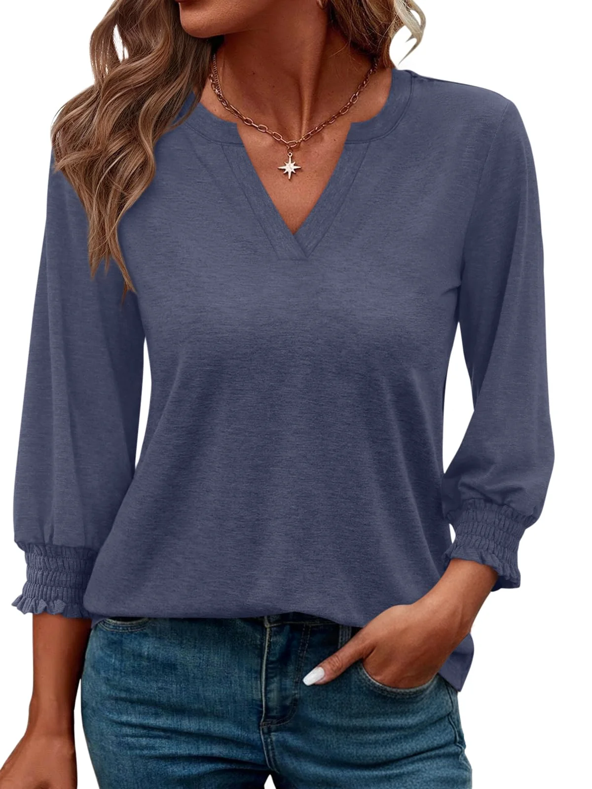 TICTICMIMI Smocked-cuff V-neck 3/4 sleeve top in Navy Blue