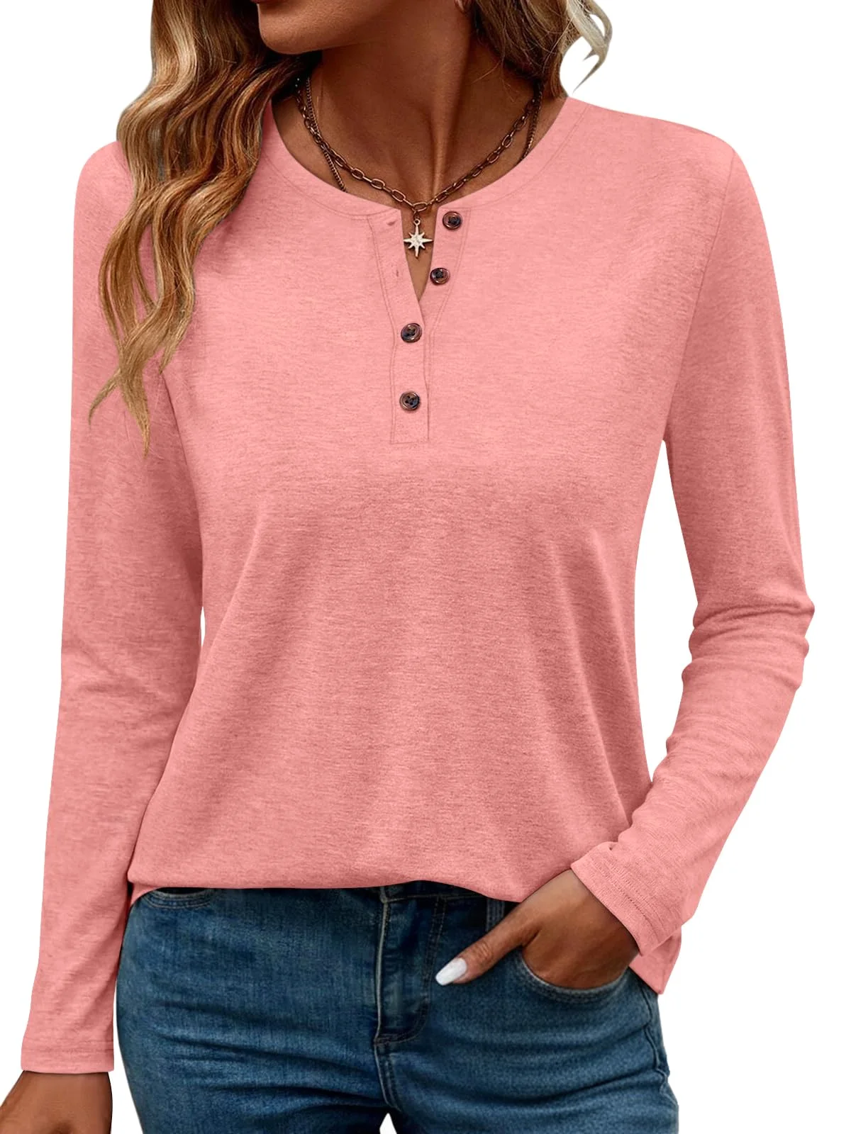 TICTICMIMI Split-neck long sleeve henley in Coral