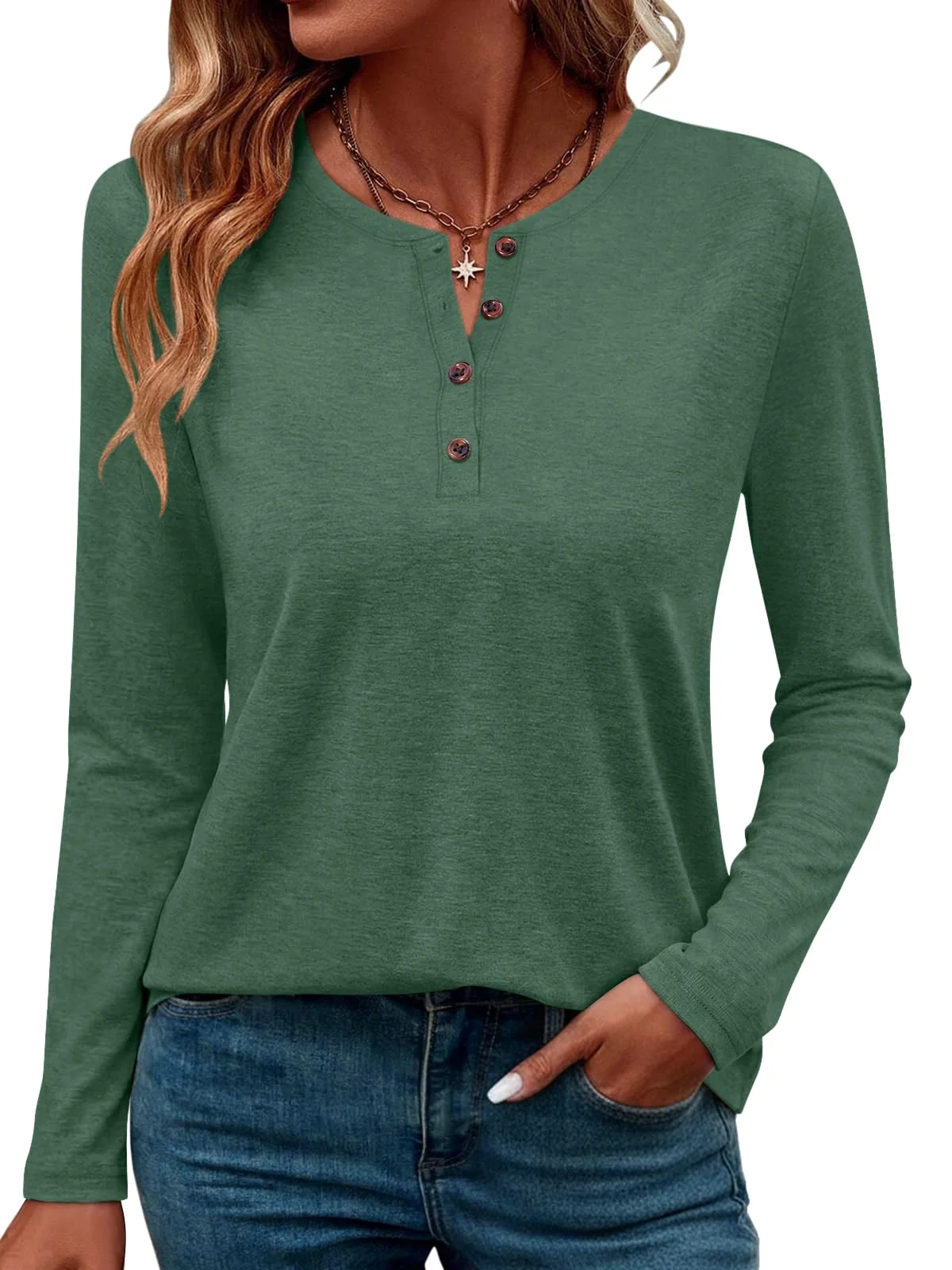 TICTICMIMI Split-neck long sleeve henley in Green