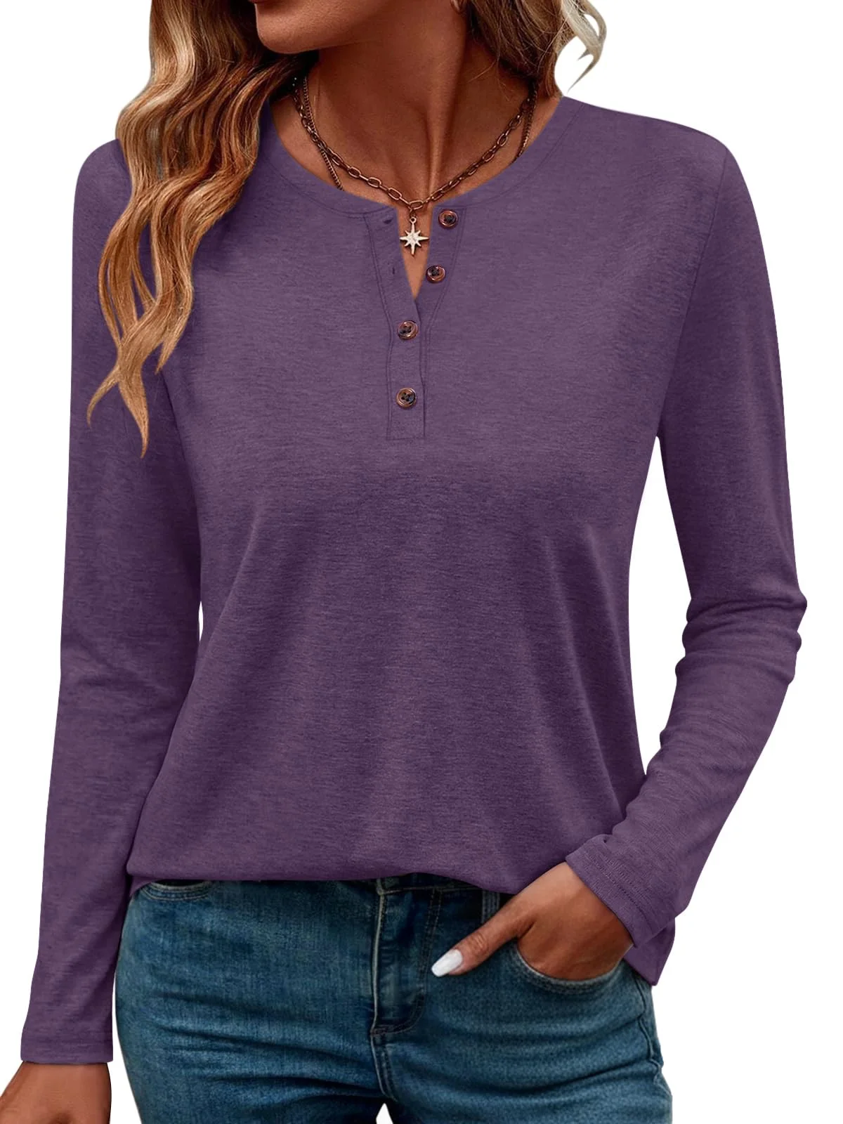 TICTICMIMI Split-neck long sleeve henley in Purple