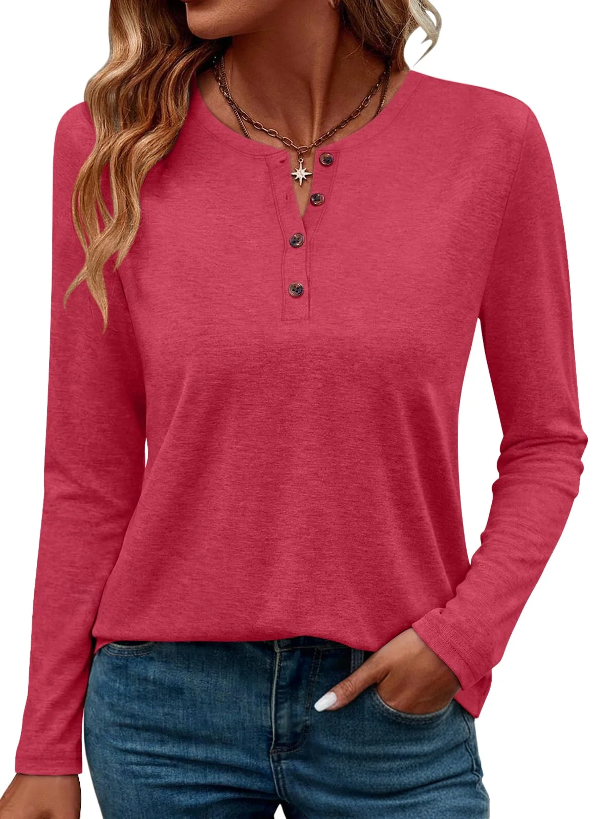 TICTICMIMI Split-neck long sleeve henley in Red