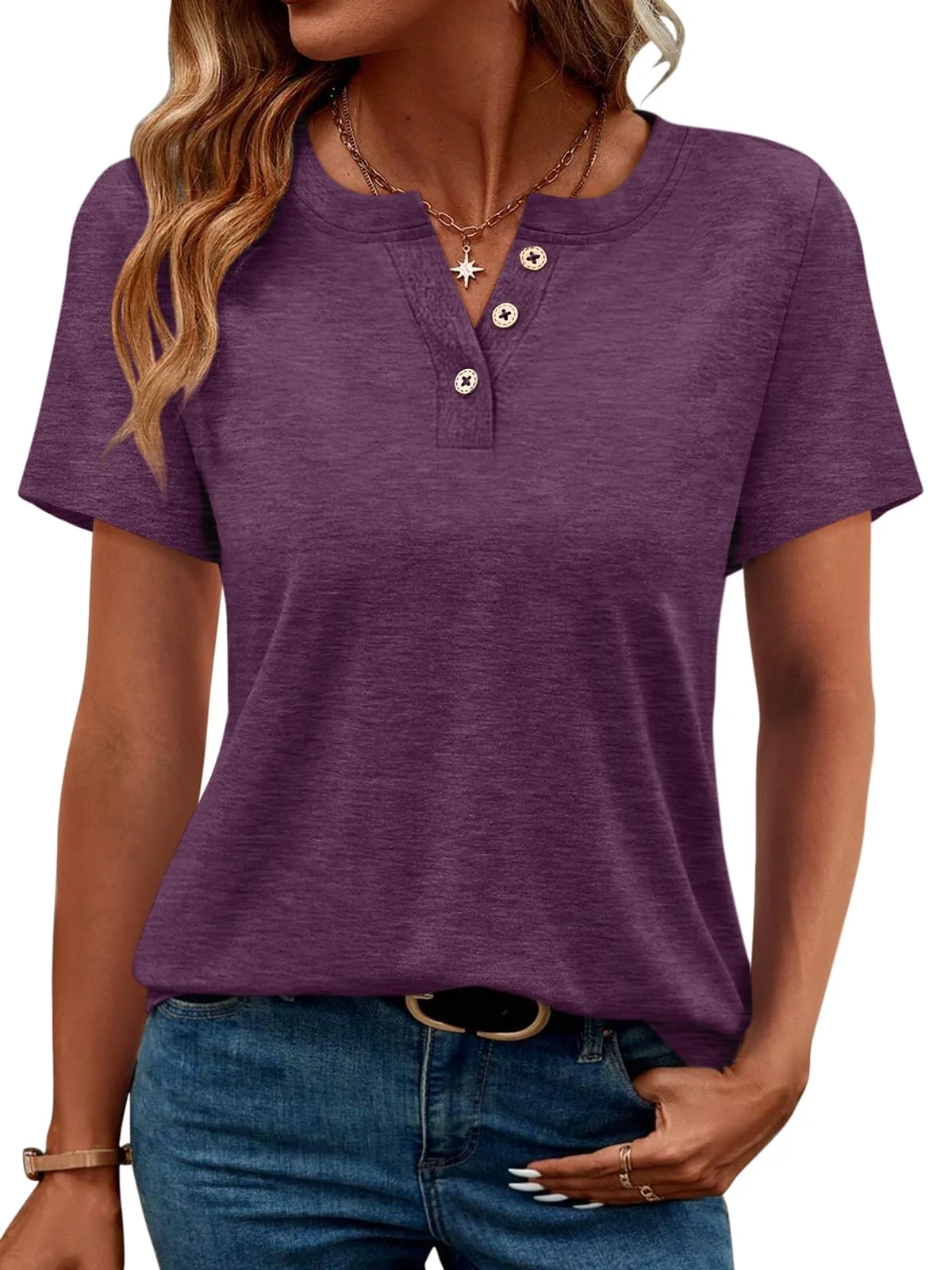 TICTICMIMI Split V-neck short sleeve henley in Purple
