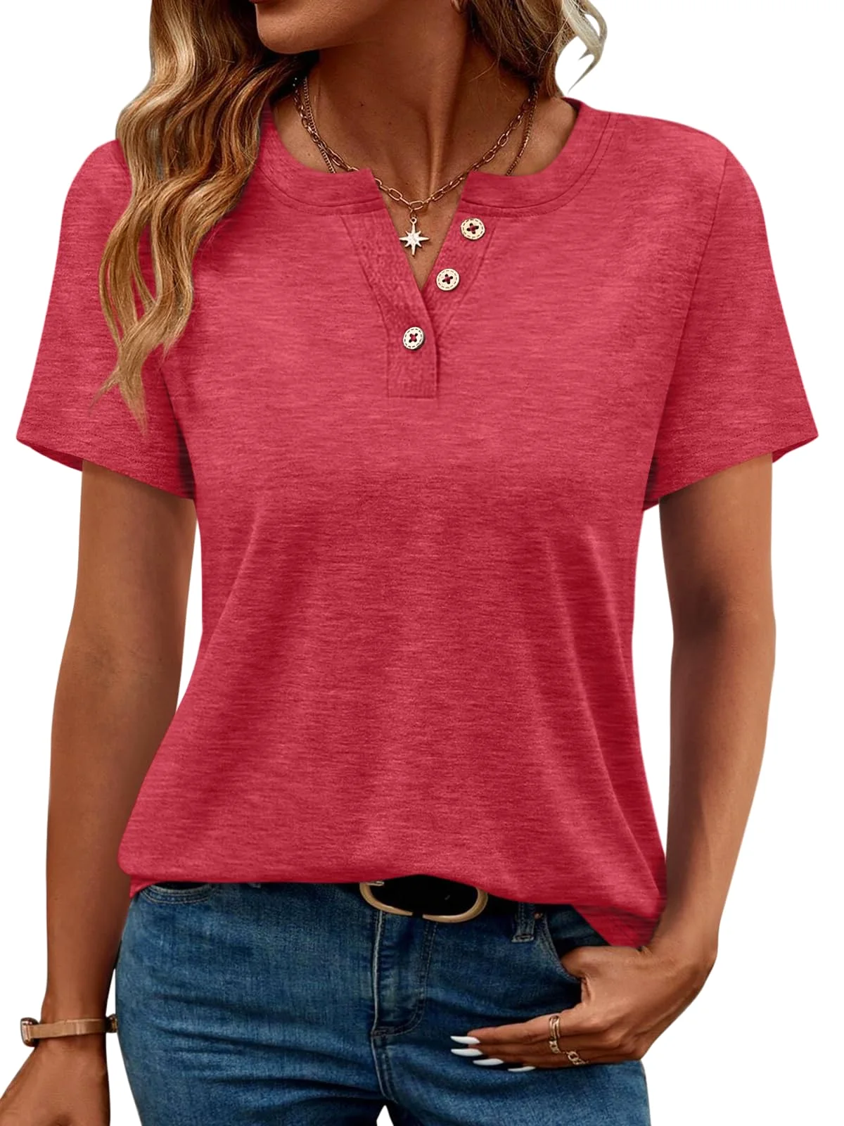 TICTICMIMI Split V-neck short sleeve henley in Red