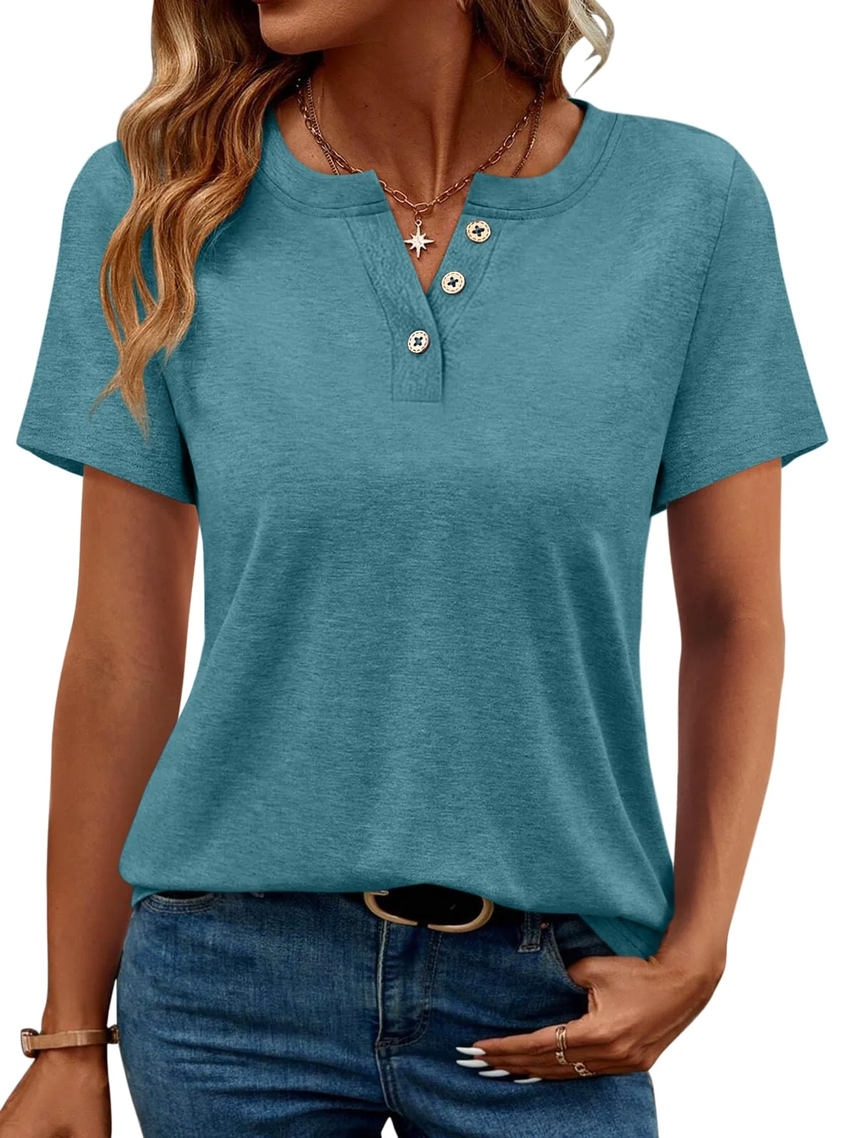 TICTICMIMI Split V-neck short sleeve henley in Teal