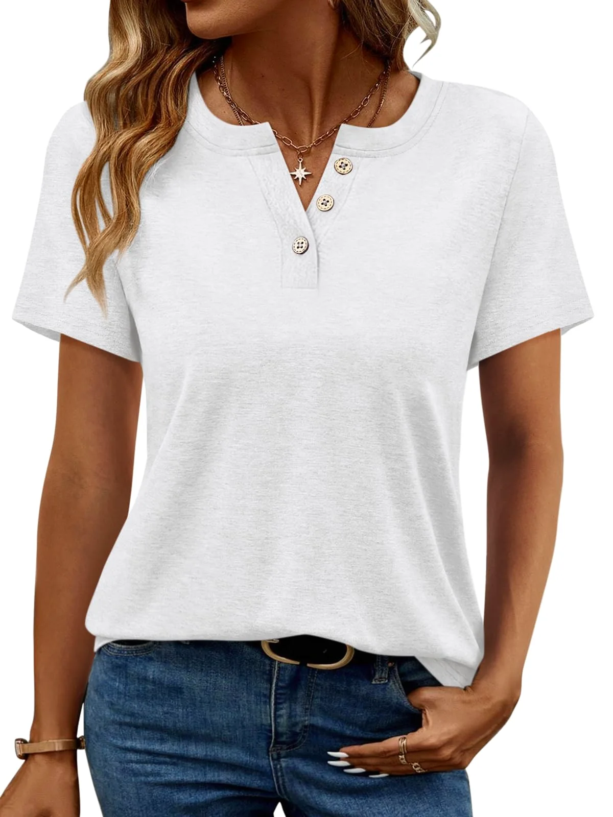 TICTICMIMI Split V-neck short sleeve henley in White