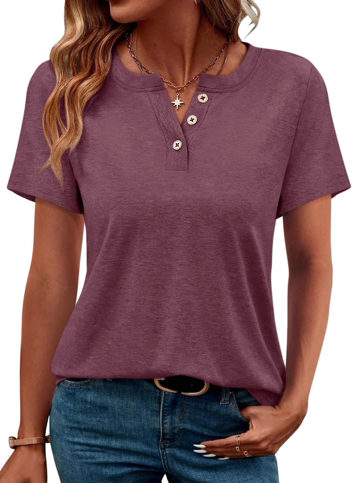 TICTICMIMI Split V-neck short sleeve henley in Wine Red