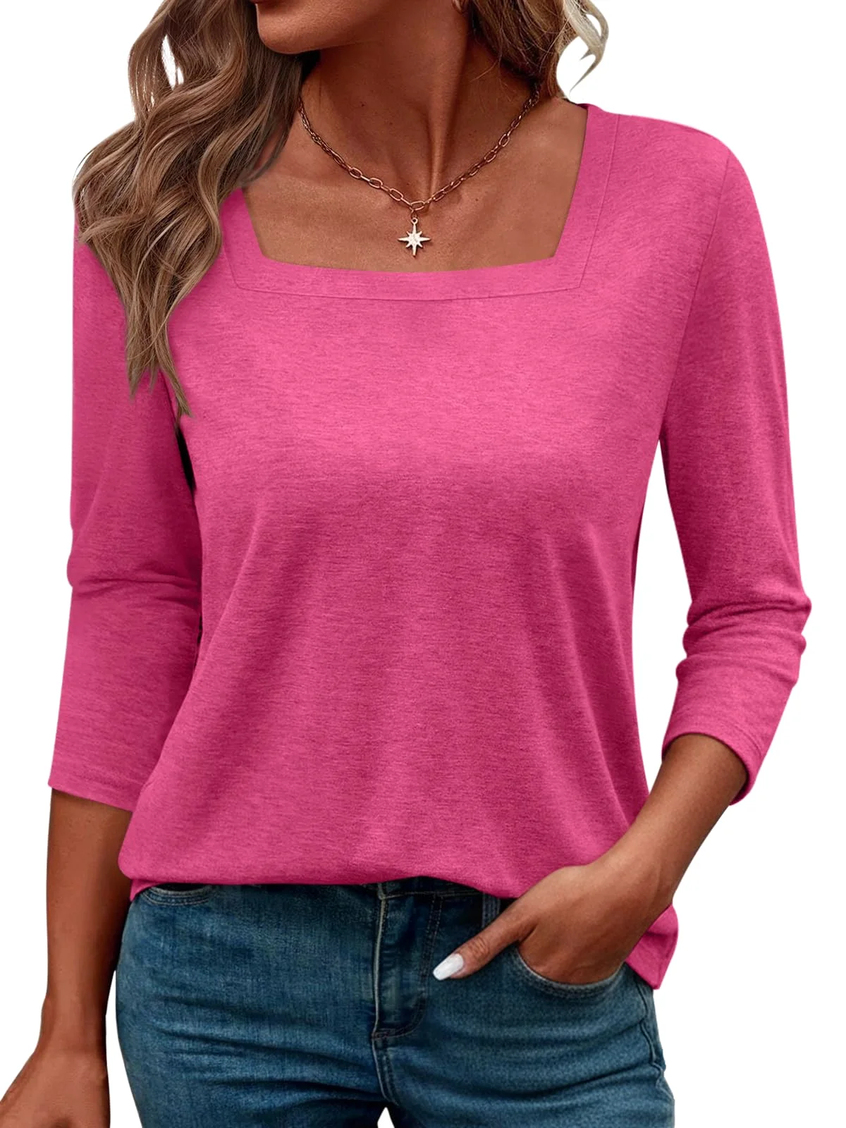 TICTICMIMI Square neck 3/4 sleeve top in Hot Pink