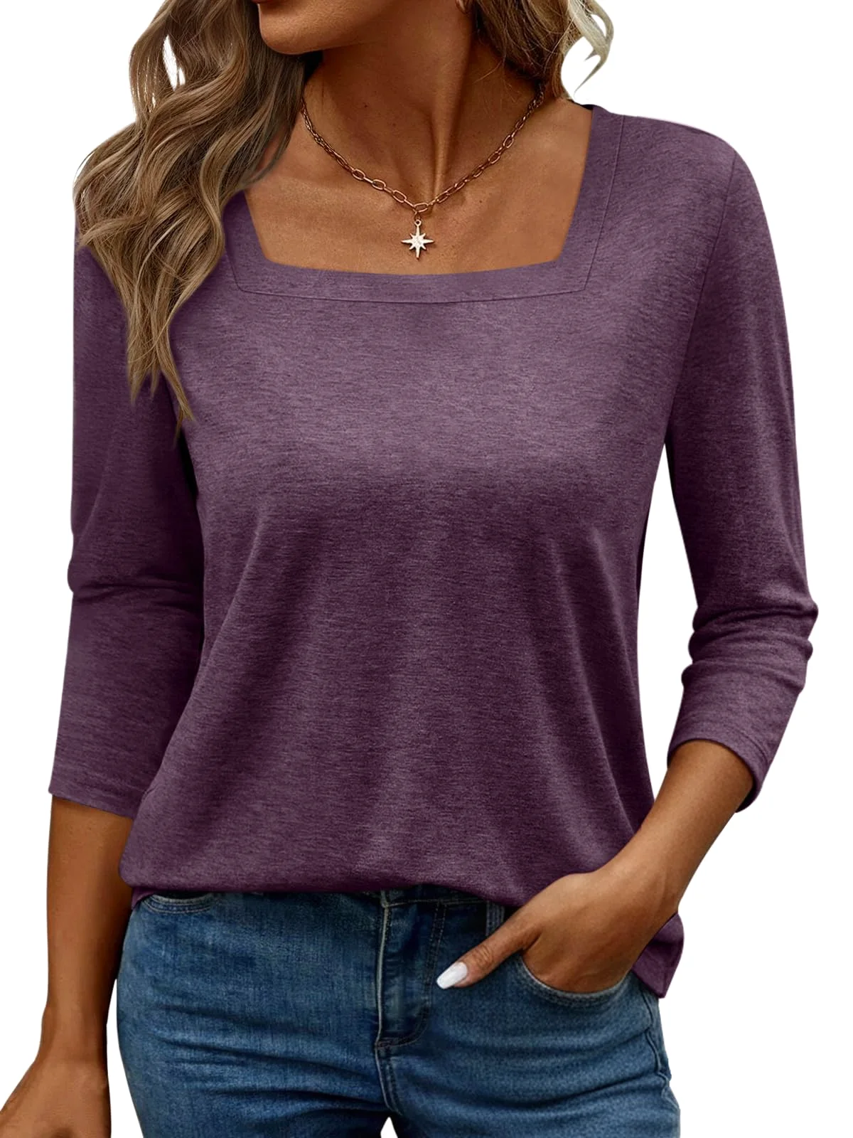 TICTICMIMI Square neck 3/4 sleeve top in Purple
