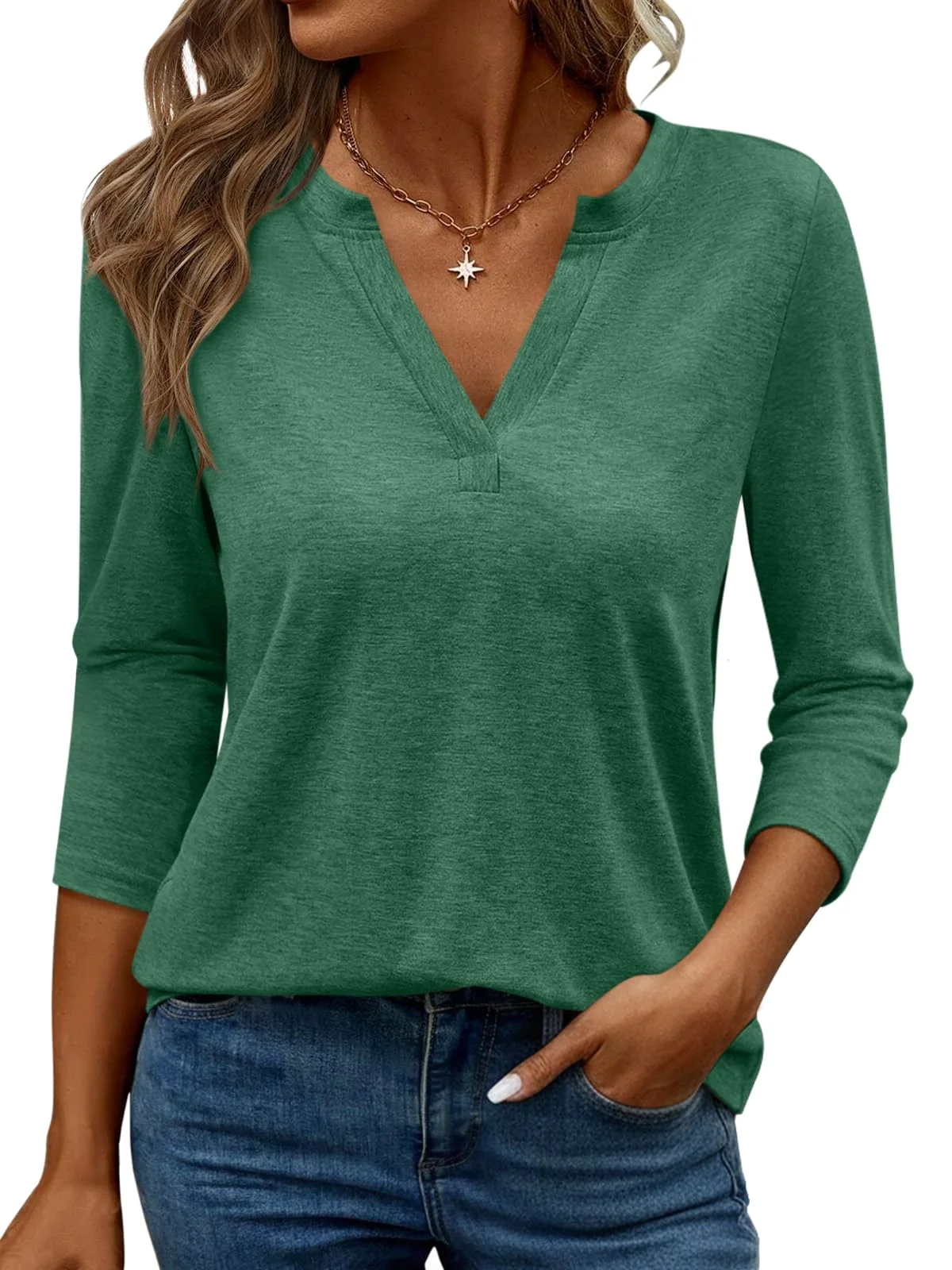 TICTICMIMI V-neck 3/4 sleeve tee in Green