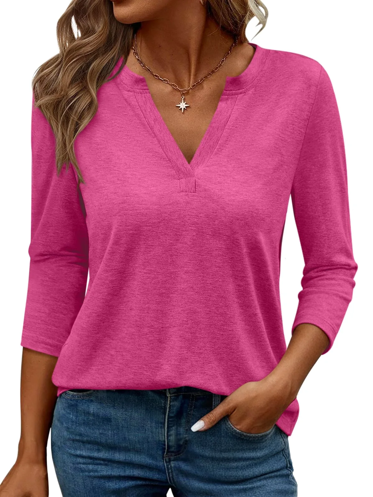 TICTICMIMI V-neck 3/4 sleeve tee in Hot Pink