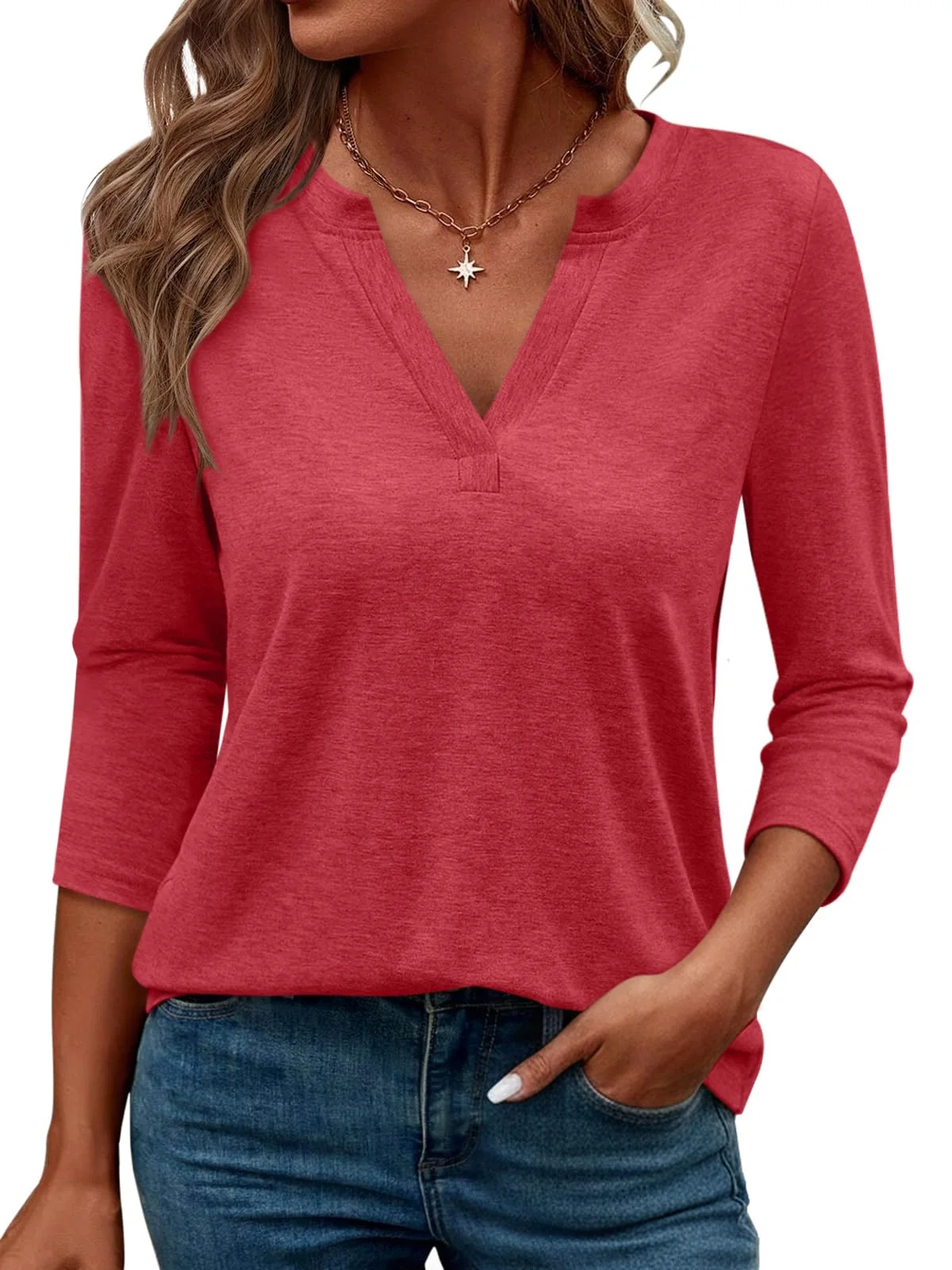 TICTICMIMI V-neck 3/4 sleeve tee in Red