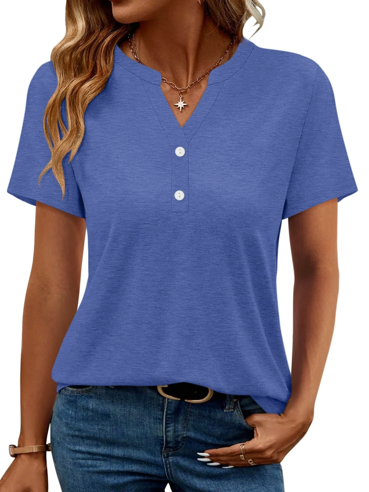 TICTICMIMI V-neck button henley tee in Blue