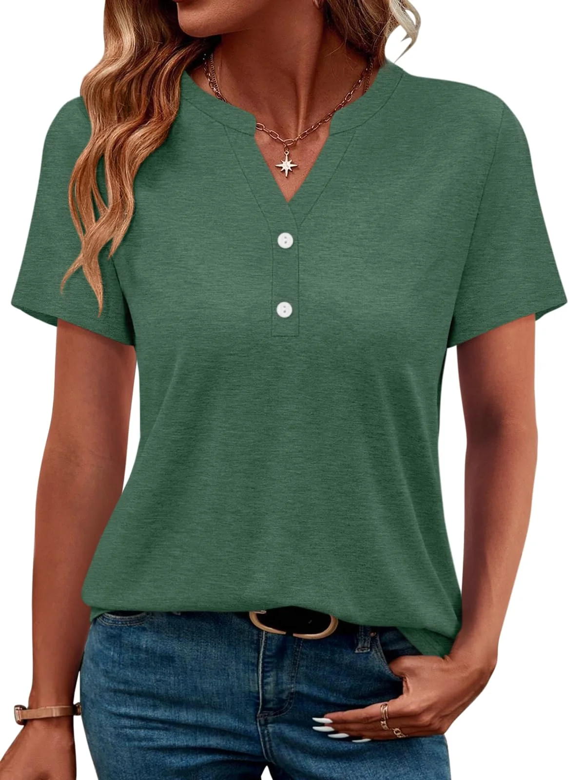 TICTICMIMI V-neck button henley tee in Green