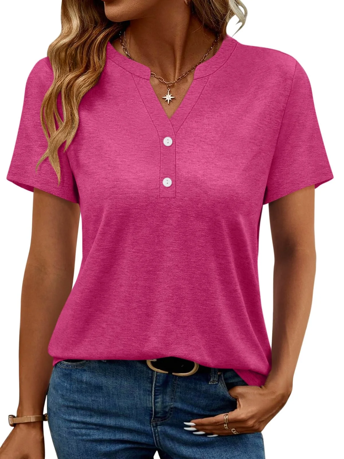 TICTICMIMI V-neck button henley tee in Hot Pink