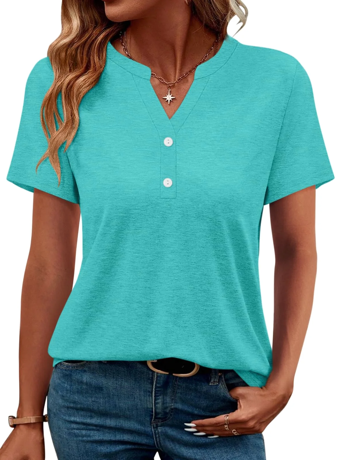 TICTICMIMI V-neck button henley tee in Lake Blue