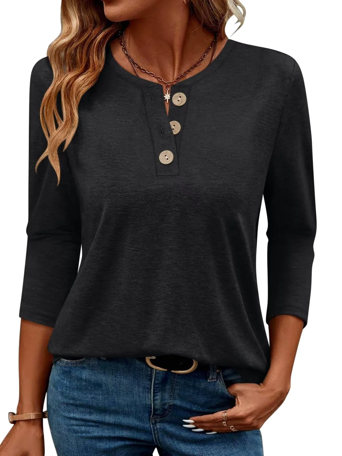TICTICMIMI Wooden-button henley 3/4 sleeve tunic in Black