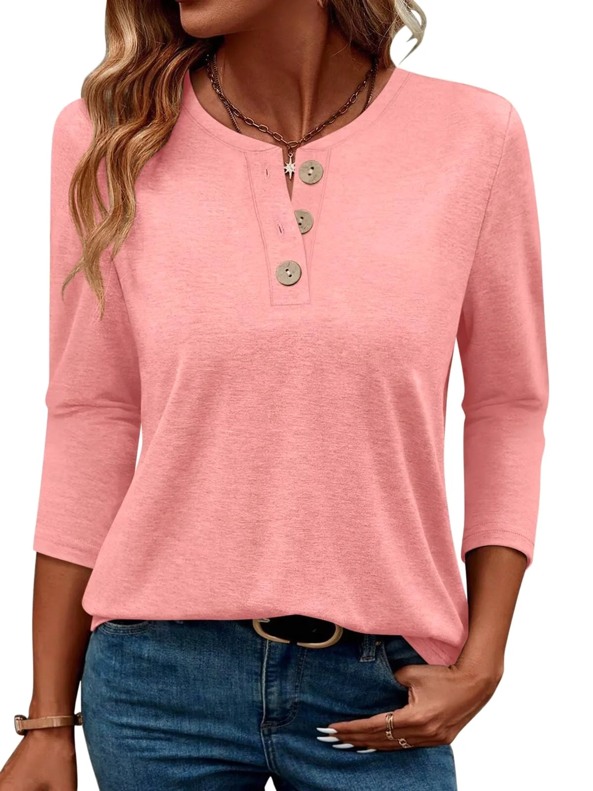 TICTICMIMI Wooden-button henley 3/4 sleeve tunic in Coral