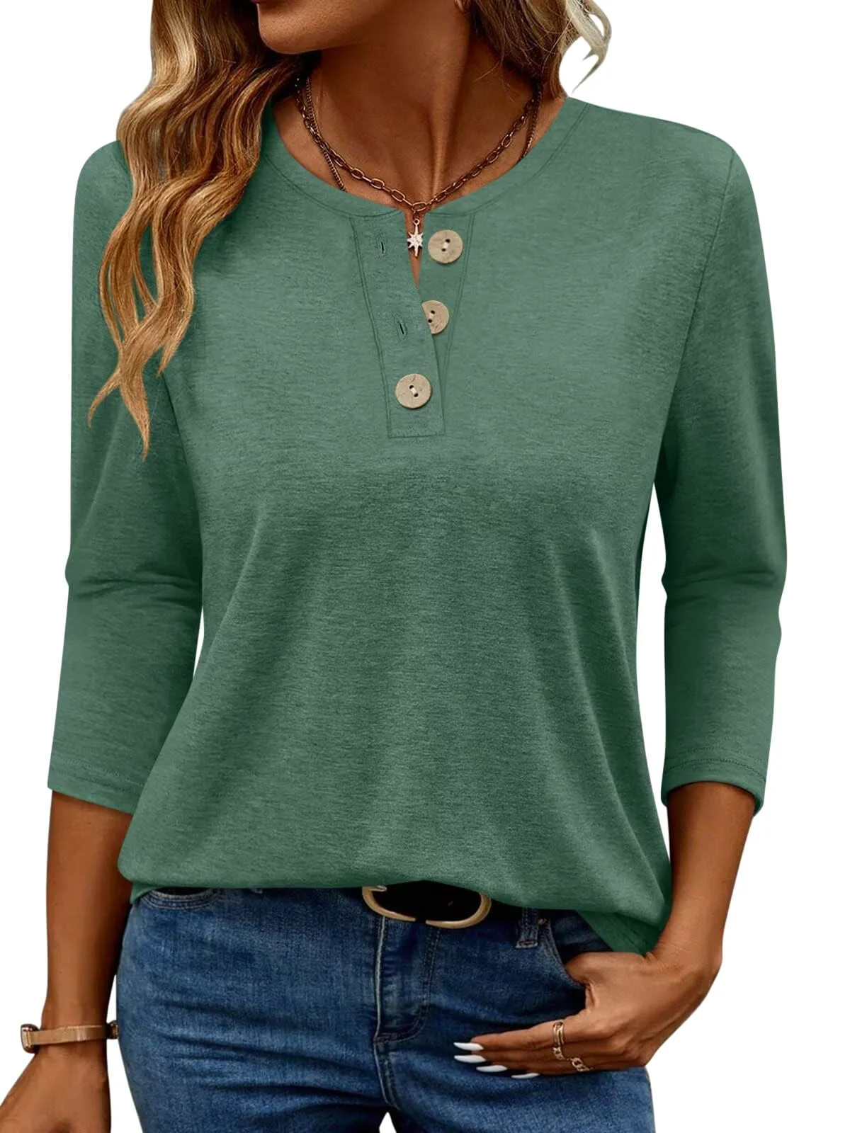 TICTICMIMI Wooden-button henley 3/4 sleeve tunic in Green