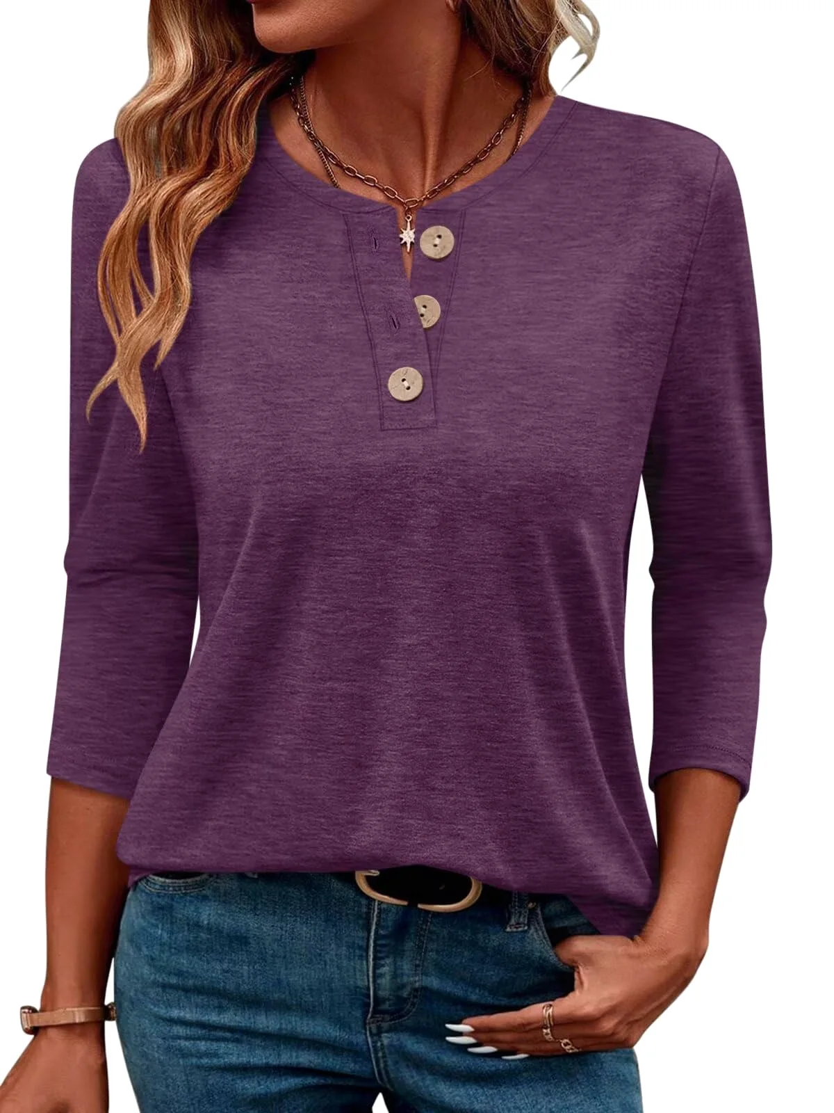 TICTICMIMI Wooden-button henley 3/4 sleeve tunic in Purple