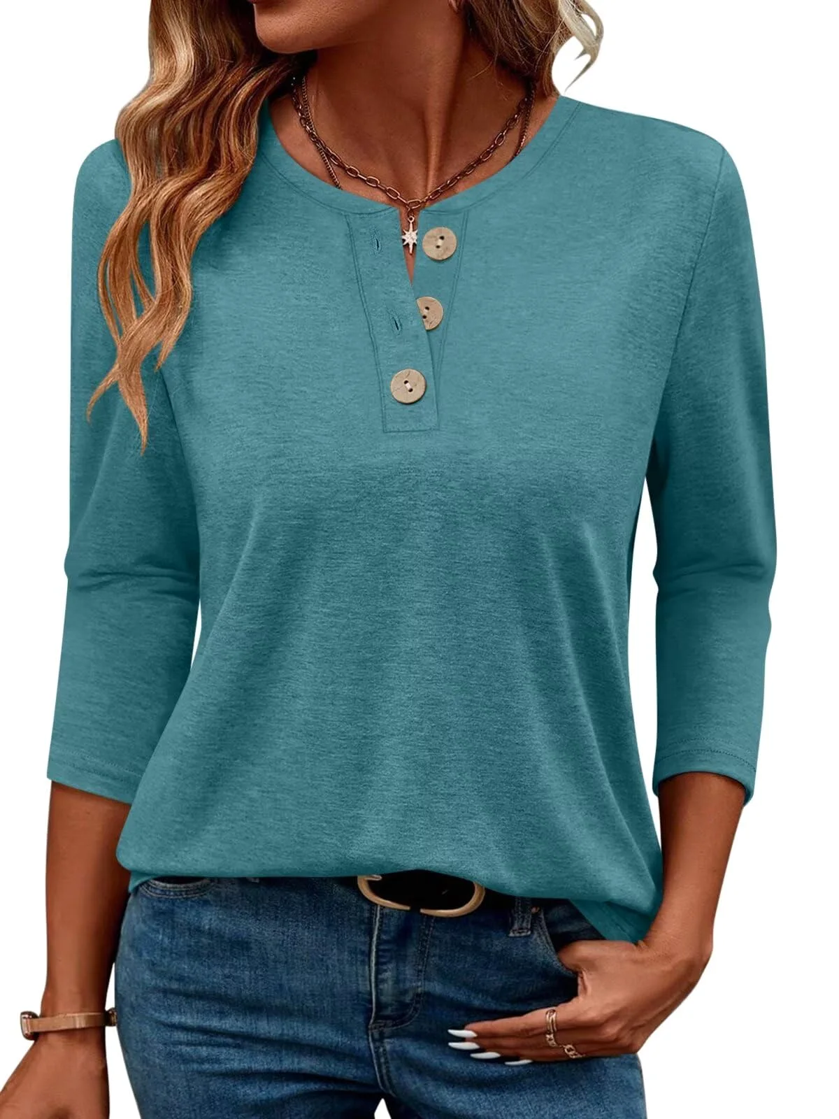TICTICMIMI Wooden-button henley 3/4 sleeve tunic in Teal