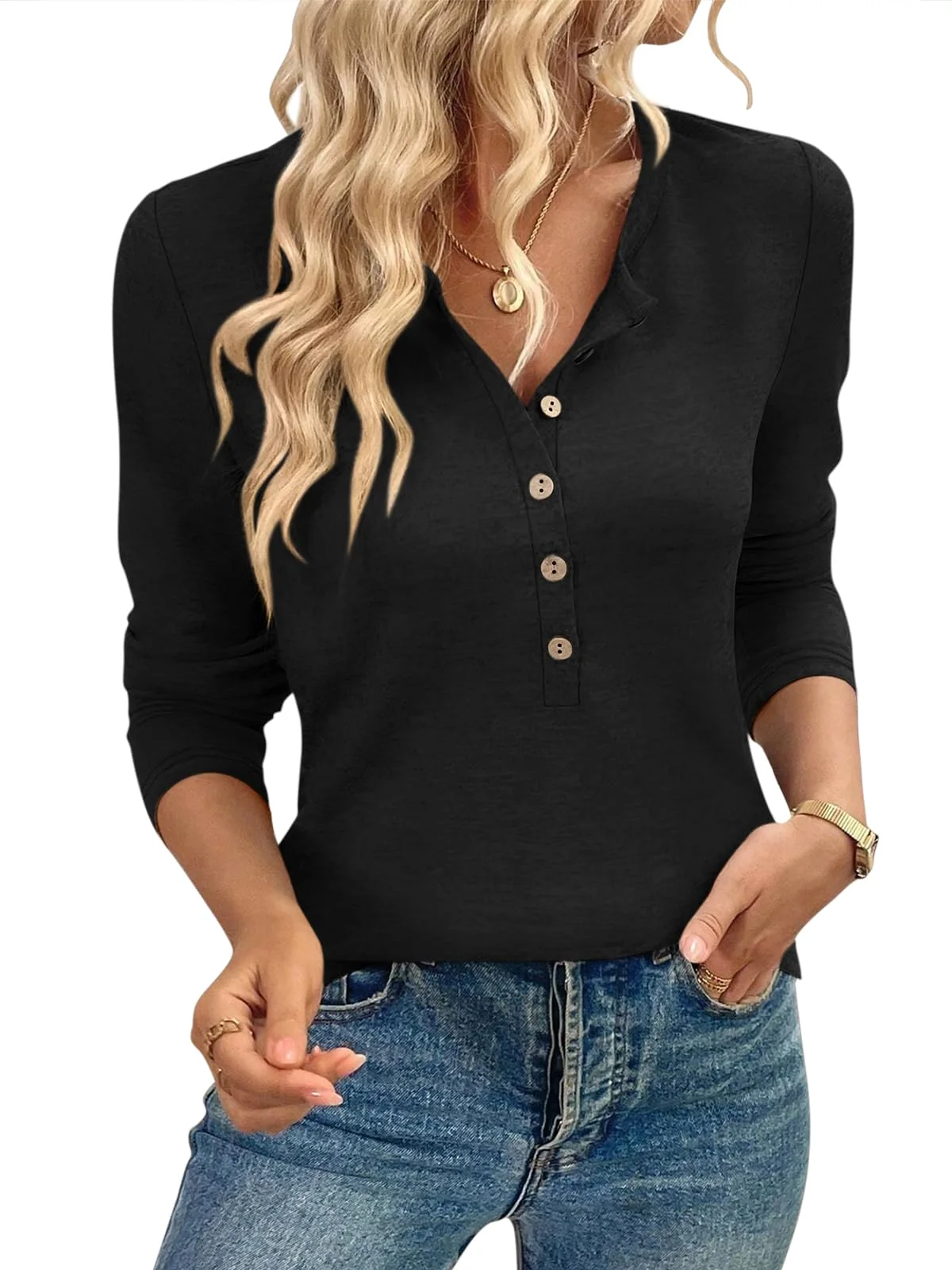 TICTICMIMI Wooden-button long sleeve henley in Black