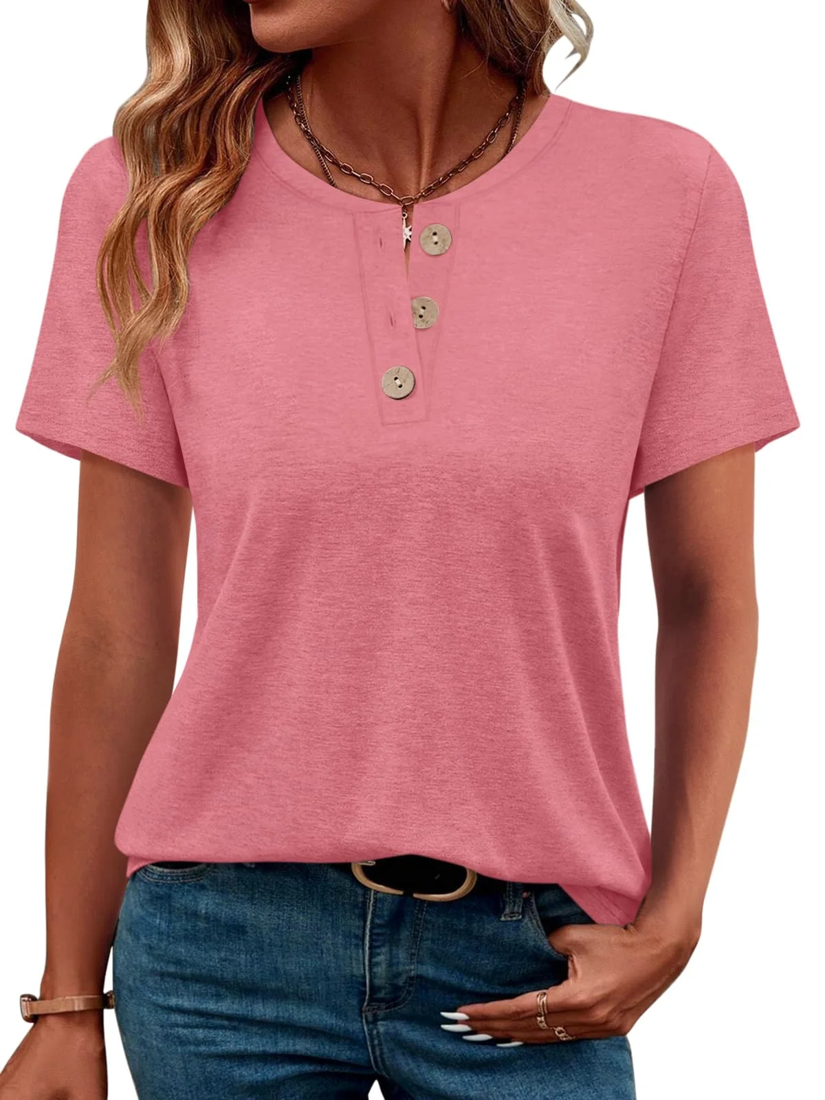 TICTICMIMI Wooden-button short sleeve henley in Coral