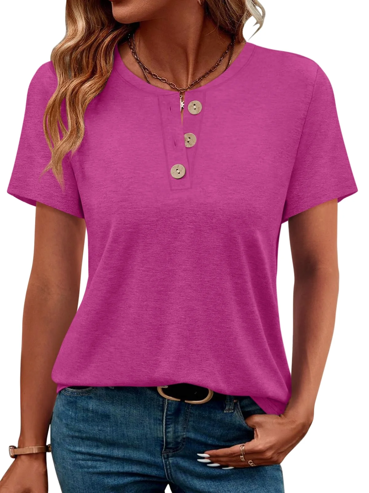 TICTICMIMI Wooden-button short sleeve henley in Hot Pink