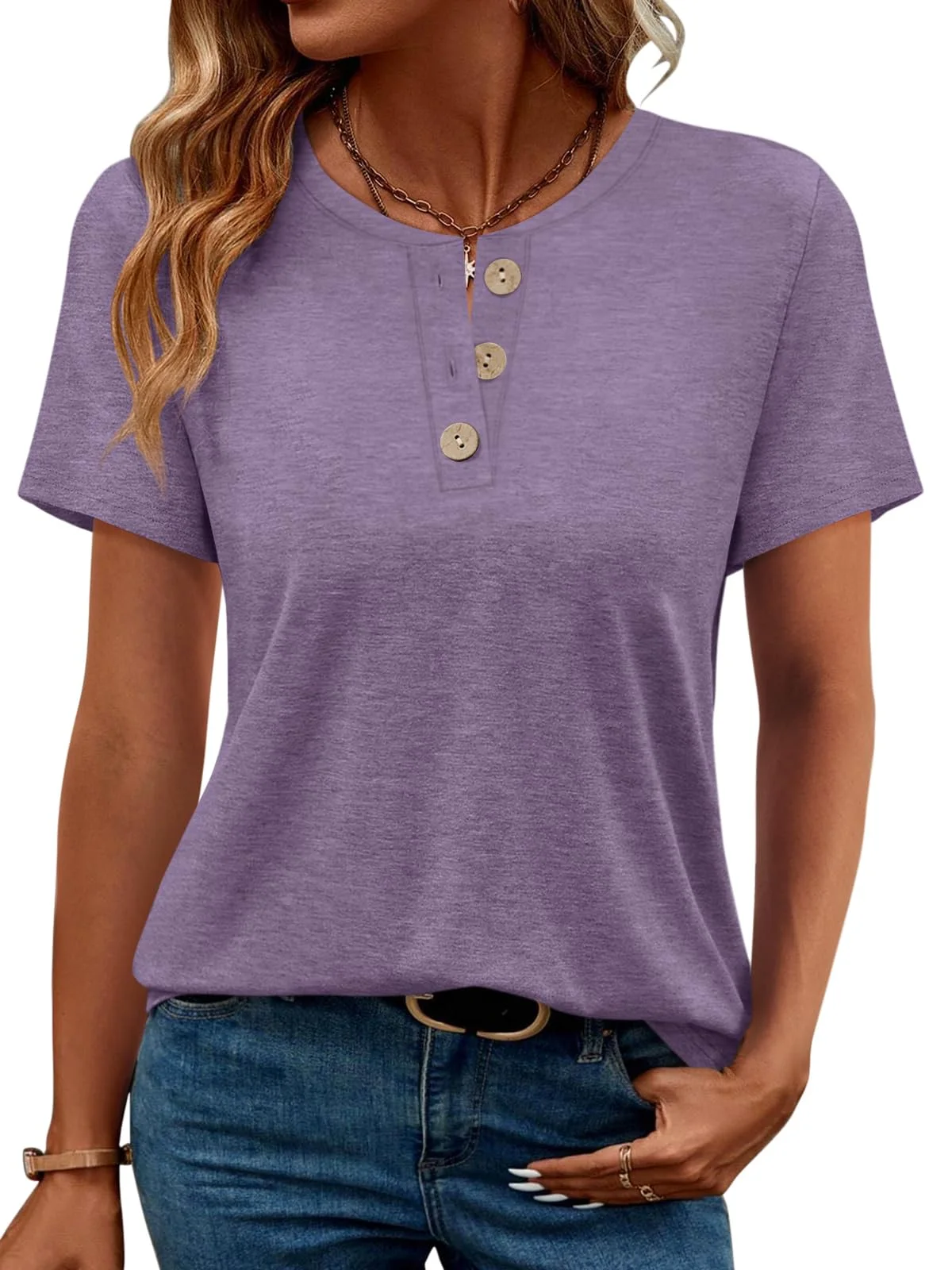 TICTICMIMI Wooden-button short sleeve henley in Lavender