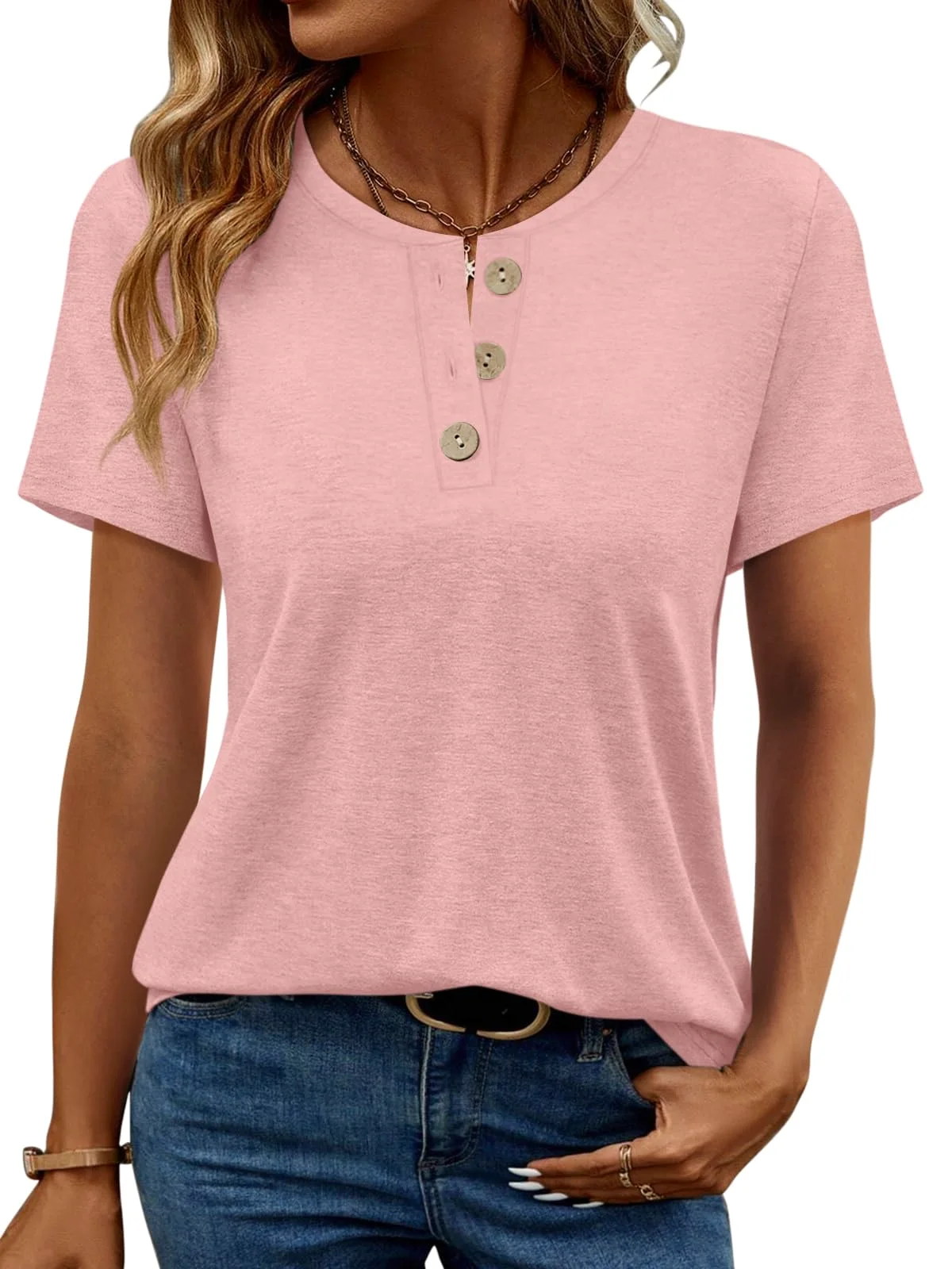 TICTICMIMI Wooden-button short sleeve henley in Pink